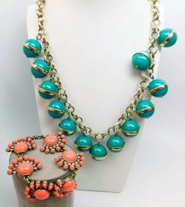 J. Crew Designer Colorful Green & Gold Tone Necklace & Coral Color Bracelet 227.6g