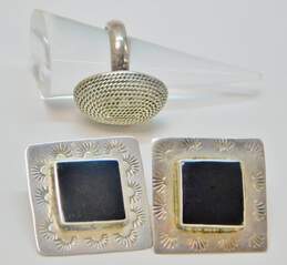 Vintage Taxco 925 Oval Roped Ring & Black Enamel Stamped Square Earrings 26.9g