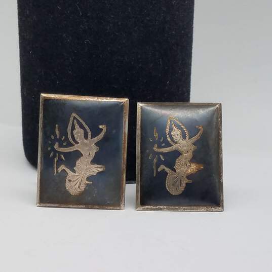 Vintage Sterling Silver Niello Siam Dancers Men's Rectangle Cuff Links 15.5g image number 1