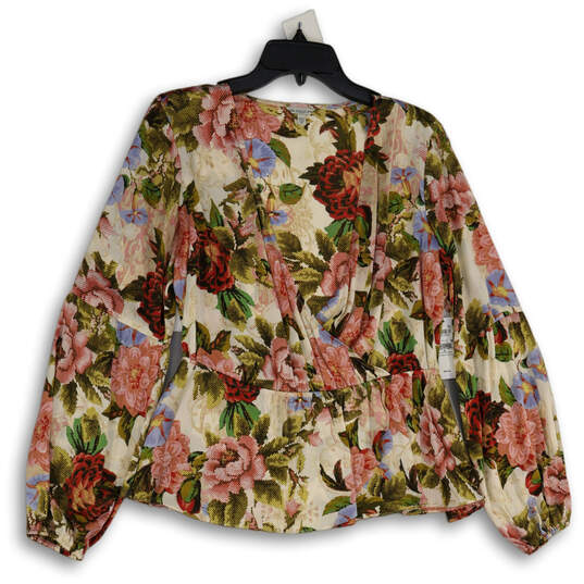NWT Womens Pink Floral Surplice Neck Balloon Sleeve Blouse Top Size M image number 1