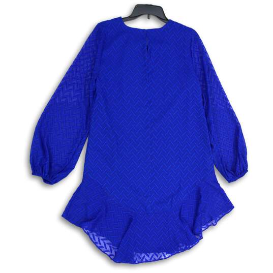 NWT Womens Blue Long Sleeve Keyhole Back Ruffled Hem Shift Dress Size S image number 2