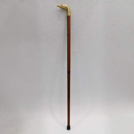 Vintage Style Brass Duck Head Handle Wood Cane Walking Stick image number 1