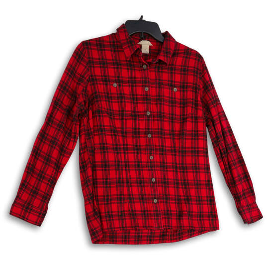 Womens Red Plaid Spread Collar Long Sleeve Button-Up Shirt Size M image number 1