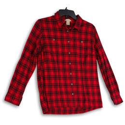 Womens Red Plaid Spread Collar Long Sleeve Button-Up Shirt Size M