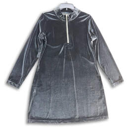 Womens Black Velvet Mock Neck 1/4 Zip Long Sleeve Shift Dress Size L