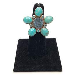 SAJEN Sterling Druzy Turquoise - Crystal Flower Design Sz 6 1/4 Ring 13.1g