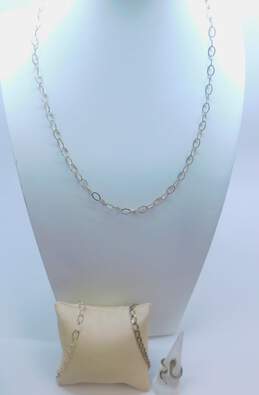 Artisan 925 Flat Ovals Linked Fancy Chain Necklace Matching & Curb Bracelets & Etched Snake Band Ring 14.1g