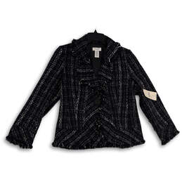 NWT Womens Black Tweed Ruffle Fringe Long Sleeve Button Front Jacket Size PM