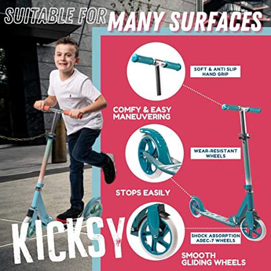 Scooter Bundle x3 - Kicksy Teal Orange - Kick Scooter for Kids Ages 6-12 & Scooter for Teens 12 Years and Up- Big Wheel Scooter for Stability - 2 Wheel Scooter for Boys & Girls- Foldable Kick Scooter Adult - Up to 220 lbs (Limit time only) image number 1
