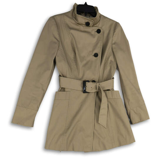 Womens Brown Mock Neck Welt Pocket Button Front Belted Trench Coat Size S image number 1