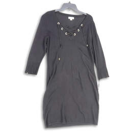 Womens Black Jersey Lace Up V-Neck 3/4 Sleeve Knee Length Shift Dress Sz XL