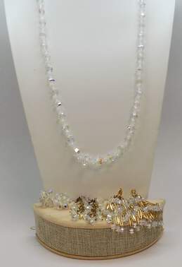 Vintage Silvertone & Goldtone Aurora Borealis Crystals Beaded Necklace & Flower Cluster & Beaded Tassels Drop Clip On Earrings 85.1g