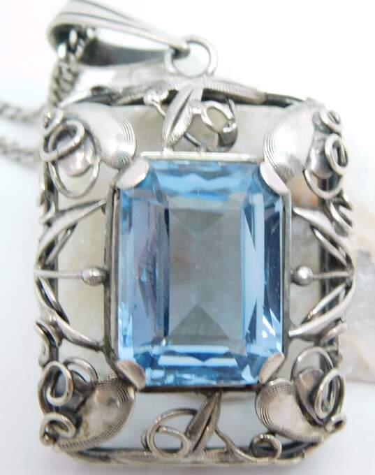 Vintage 833 Silver Faceted Topaz Etched Leaves & Vines Rectangle Pendant & 925 Curb Chain Necklace 17.2g image number 3