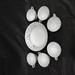7 Piece White Style House Picardy China Set of Tea Cups and Bowl
