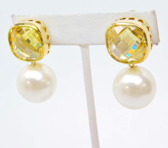 Joan Boyce Yellow Crystal Faux Pearl Drop Clip Earrings 38.4g image number 2