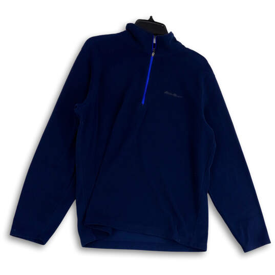 Men Blue Stretch 1/4 Zip Mock Neck Long Sleeve Pullover Sweatshirt Size M image number 1
