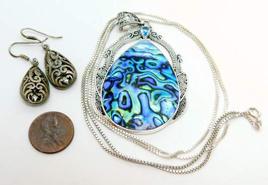 Artisan 925 Topaz & Abalone Shell Teardrops Granulated Scrolled Pendant Box Chain Necklace & Open Work Drop Earrings 25.2g image number 6