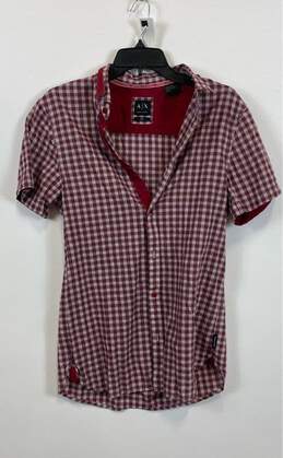 Armani Exchange Mens Red Cotton Plaid Slim Fit Short Sleeve Button Up Shirt Sz M