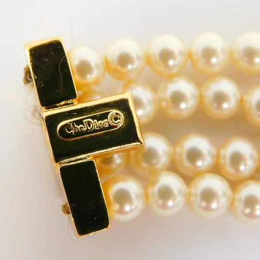 Vintage Christian Dior Icy Rhinestone Gold Tone & Faux Pearl Multi Strand Bracelet 44.9g image number 5