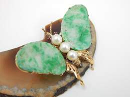 Vintage 18K Yellow Gold Jade Ruby & Pearls Butterfly Statement Brooch 14.4g alternative image
