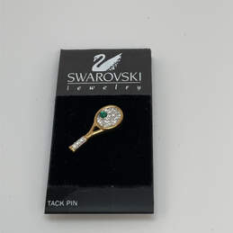 Designer Swarovski Gold-Tone Green Crystal Tennis Racket Brooch Pin alternative image