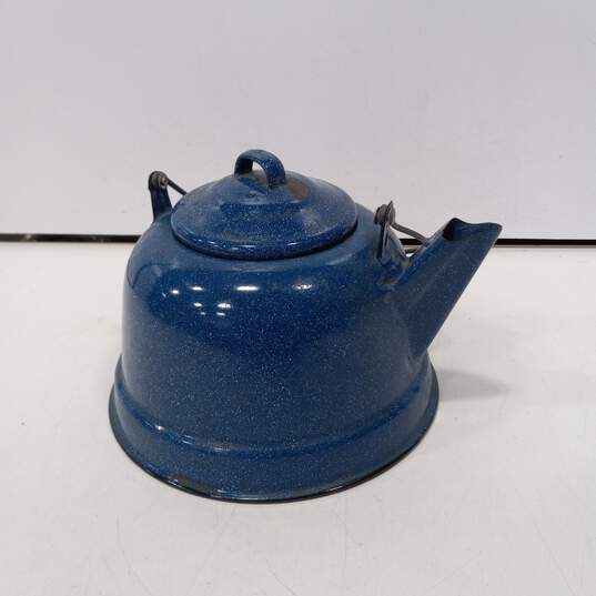 Vintage Blue Speckled Enamel Tea Kettle image number 1