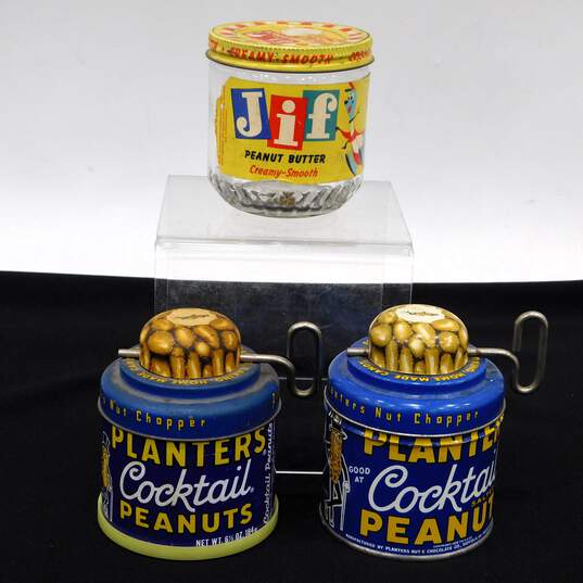 Vintage Planters Cocktail Peanuts Tins W/ Nut Choppers & Glass Peanut Butter Jar image number 1