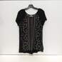 Womens Black Polyester Floral Short Sleeve Scoop Neck Pullover Blouse Top Size L image number 1