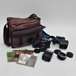 Canon T50 50mm SLR Film Camera w/ Gemini Auto 2x Tele Converter Lens, Bag, Manuals and Flash