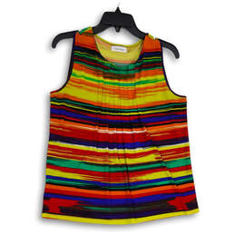 Womens Multicolor Striped Pleated Round Neck Sleeveless Blouse Top Size M