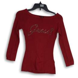 Guess Womens Red Sequin Boat Neck Long Sleeve Pullover Blouse Top Size XS