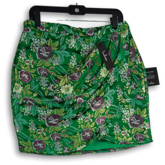 NWT Womens Green Purple Floral Asymmetrical Hem Back Zip Mini Skirt Size L image number 1