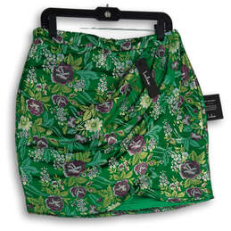 NWT Womens Green Purple Floral Asymmetrical Hem Back Zip Mini Skirt Size L