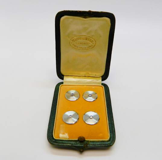 Antique Mappin & Webb 18K White Gold 2.5mm Old European Cut Diamond Four Tuxedo Buttons Set 7.0g image number 1