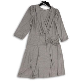Womens Gray V-Neck Knee Length 3/4 Sleeve Pullover A-Line Dress Size 14