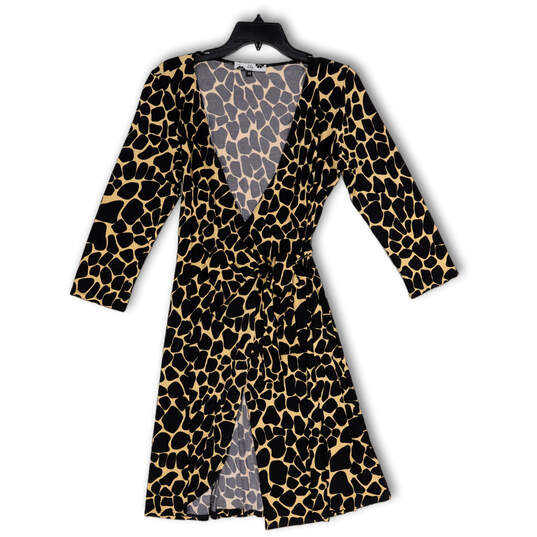 Womens Black Brown Animal Print Tie Waist Long Sleeve Wrap Dress Size M image number 1
