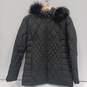 Womens Black Long Sleeve Pockets Faux Fur Hooded Puffer Jacket Size Medium image number 1