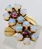 14K Yellow Gold Red Glass & Opal Cabochons Flowers & Leaves Ring 5.0g image number 1
