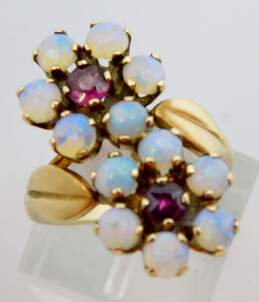 14K Yellow Gold Red Glass & Opal Cabochons Flowers & Leaves Ring 5.0g