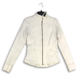 Womens White Long Sleeve Side Pockets Full-Zip Activewear Jacket Size 8