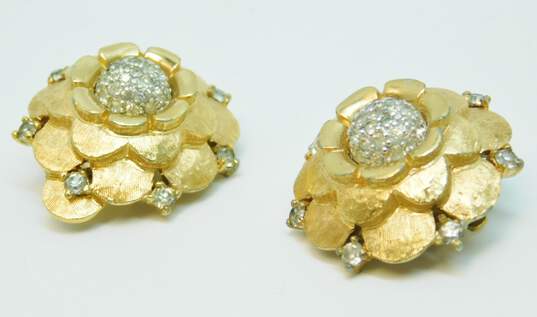 VNTG Joseph Mazer Gold Tone Icy Rhinestone Floral Clip-on Earrings image number 2