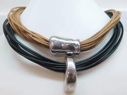 Artisan 925 Modernist Electroform Puffed Arch & Freeform Tube Pendants Black & Brown Cord Multi Strand Necklaces Set 51.3g