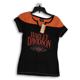 NWT Womens Black Orange Graphic Print Short Sleeve V-Neck T-Shirt Size M