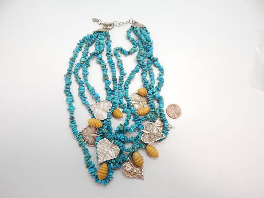 Designer Rosaline 925 Leaf Turquoise & Yellow Jade Multi Strand Choker Necklace image number 2