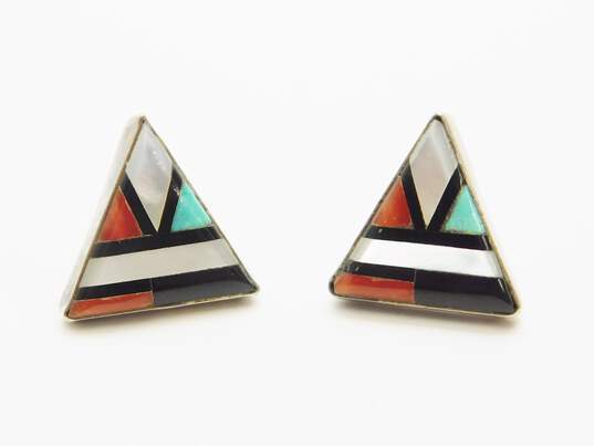 Southwestern 925 Inlay Onyx, Turquoise, Coral & Mother Of Pearl Triangle Stud Earrings 2.3g image number 1