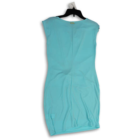 NWT Womens Blue Sleeveless Drape Neck Knot Front Pullover Sheath Dress Sz M image number 2