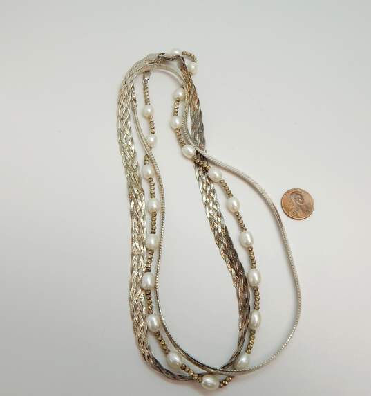 Artisan 925 Sandblasted Omega Wide Braided Herringbone Chain & White Pearls & Etched Ball Beaded Necklaces Variety 60.2g image number 2