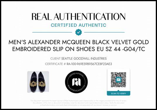 Alexander McQueen Men's Black Velvet Embroidered Slip On Shoes Size 10.5 w/COA image number 2