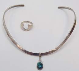 Artisan 925 Chrysocolla Cabochon Pendant Collar Necklace & Horseshoe Band Ring 33.2g