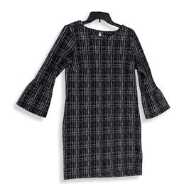 Womens Black Plaid Round Neck Bell Sleeve Back Keyhole Shift Dress Size 4